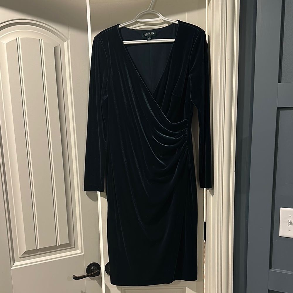Ralph Lauren Green Velvet Dress with Plunge Neckline